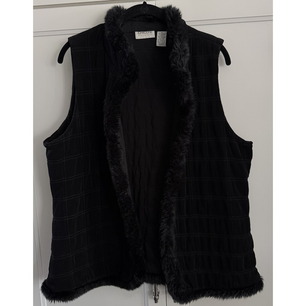 Chico's Travelers Quilted Faux Fur Trim Vest Size Large Packable Lightweight EUC
